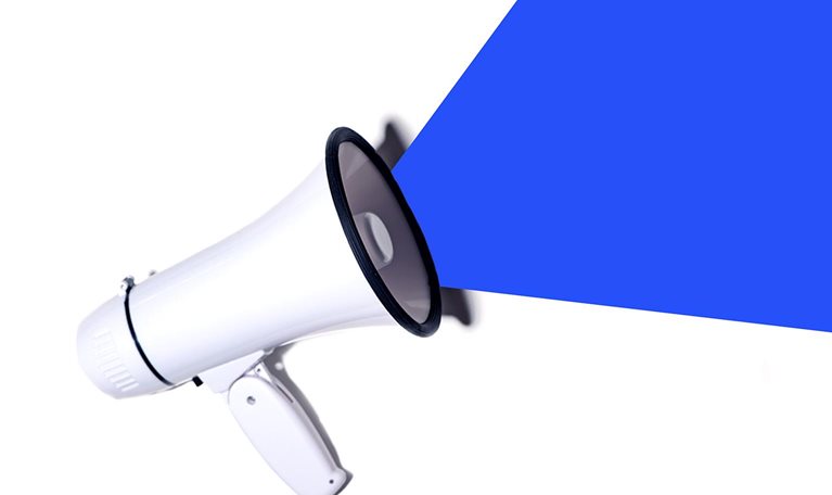 A conceptual image of a megaphone projecting an announcement that is an electric blue solid shape