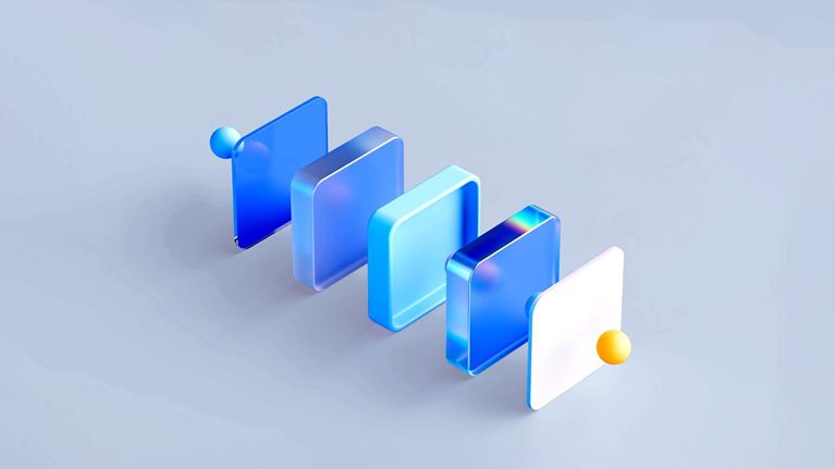 Five 3d squares of varying shades of blue and white are arranged in a diagonal line against a light blue background. Each blue square is progressively more opaque and features a subtle iridescent sheen, while small blue and yellow spheres accent the first and last squares respectively.