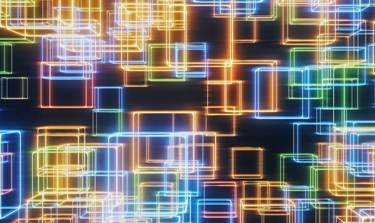 Photo illustration of neon-outlined boxes overlapping in a pattern
