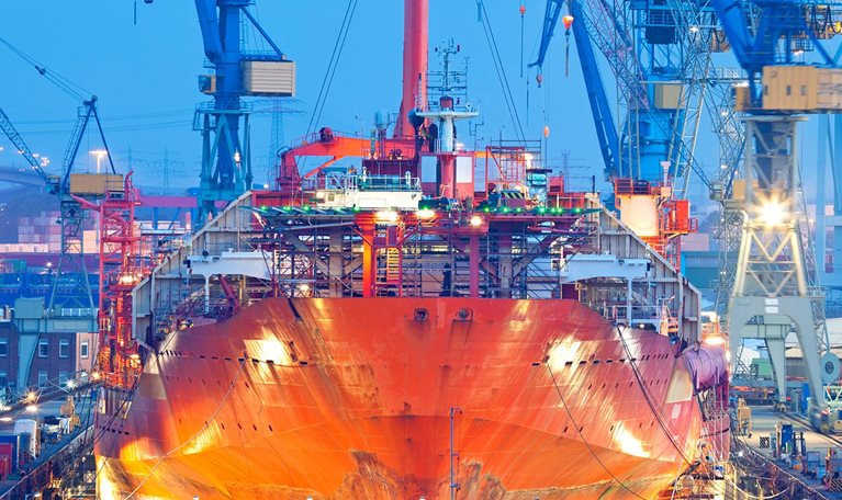 Ship Maintenance in Dry Dock at Night, Hamburg Harbor