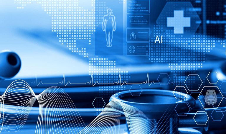 Stethoscope and laptop computer with medical technology symbols overlayed
