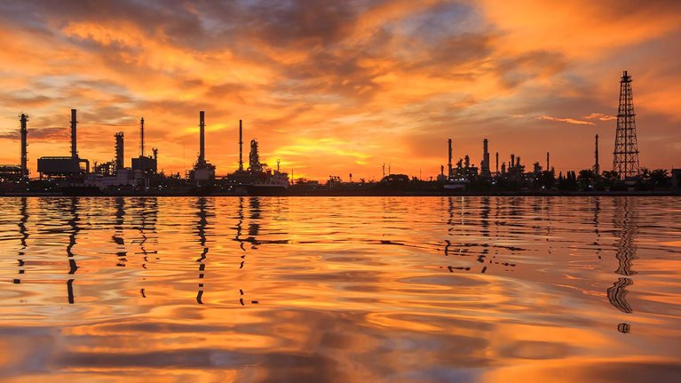 Sunrise over oil refinery industry plant at Bangkok ,Thailand - stock photo