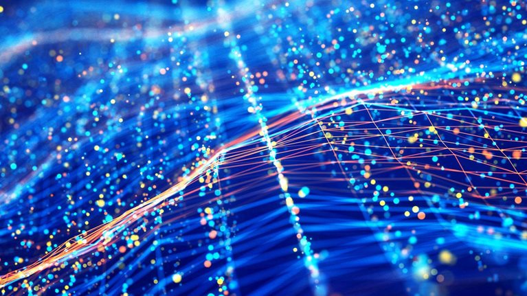 An digital illustration of an abstract network wave and glowing blue and orange particle data on dark background