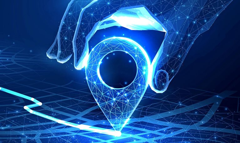 Illustration of a digital style hand setting location on a map with two pins