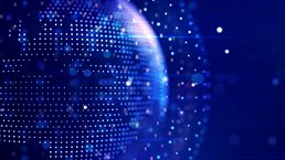 A glowing blue sphere composed of segmented, grid-lined layers appears to float above a reflective digital surface. The futuristic design suggests global trade, interconnected systems, and a world being reshaped by shifting economic flows.